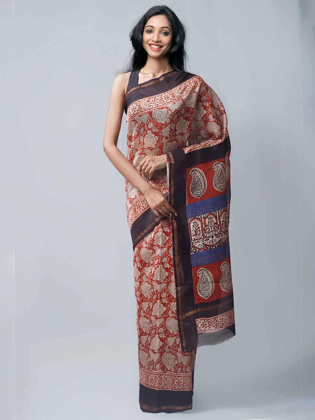 

Unnati Silks Red & Blue Paisley Silk Cotton Chanderi Saree