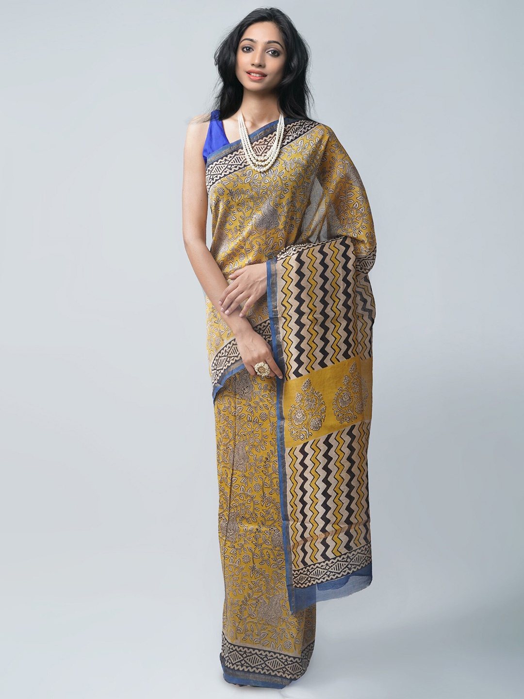 

Unnati Silks Yellow & Blue Silk Cotton Bagru Saree