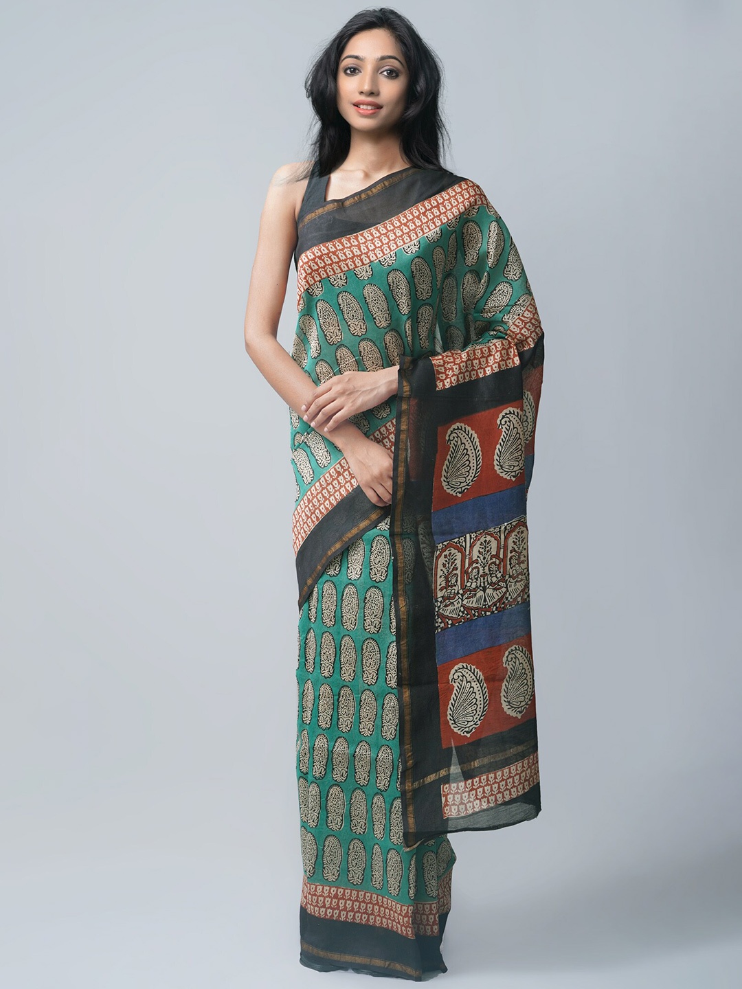 

Unnati Silks Green & Red Ethnic Motifs Zari Silk Cotton Chanderi Saree