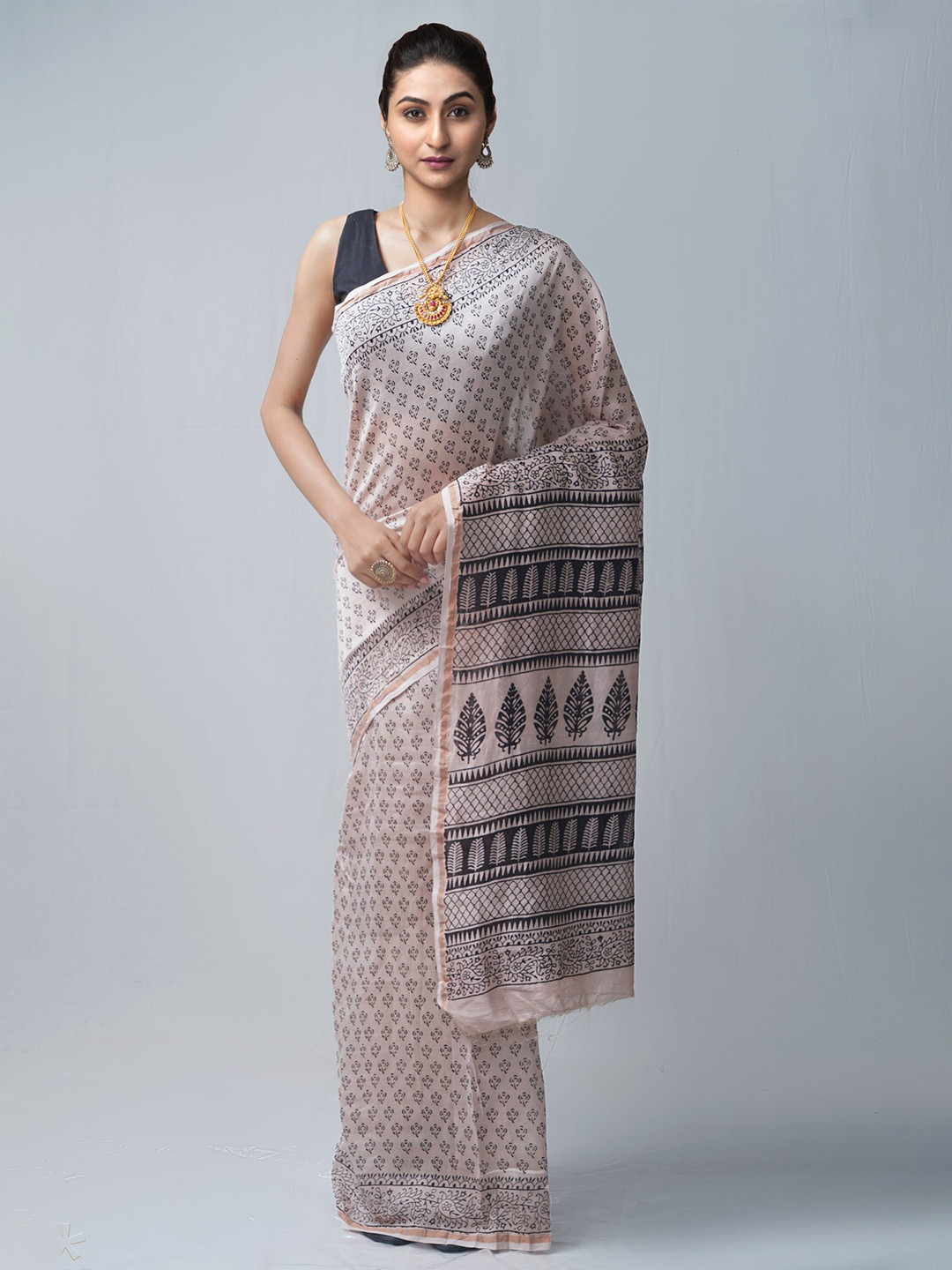 

Unnati Silks Cream-Coloured & Black Bagh Pure Silk Chanderi Saree