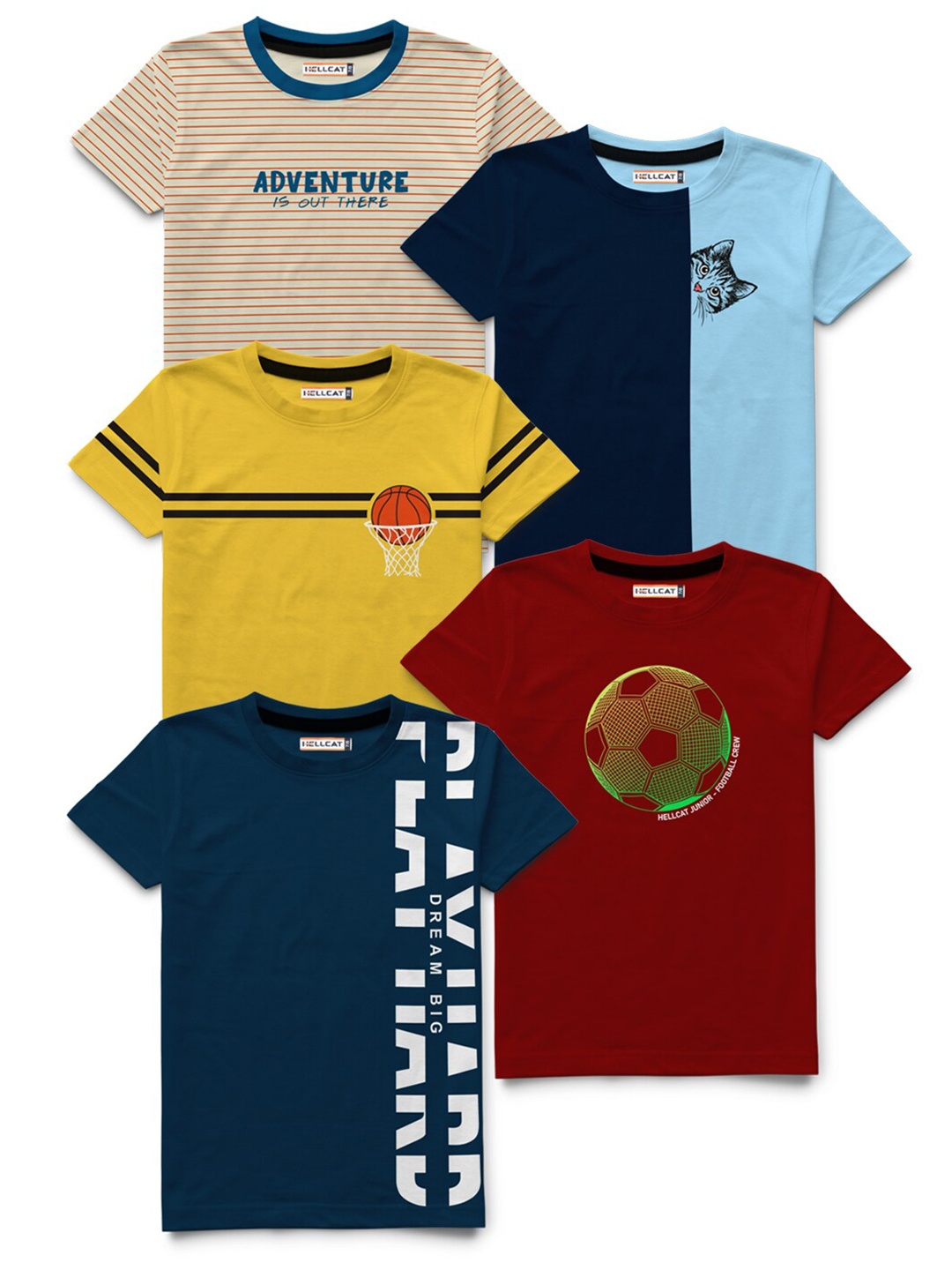 HELLCAT Boys Maroon & Yellow Printed Bio Finish T-shirt Pack Of 5