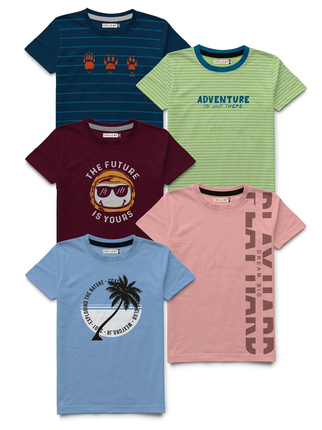 

HELLCAT Boys Green & Blue Printed Bio Finish T-shirt Pack Of 5