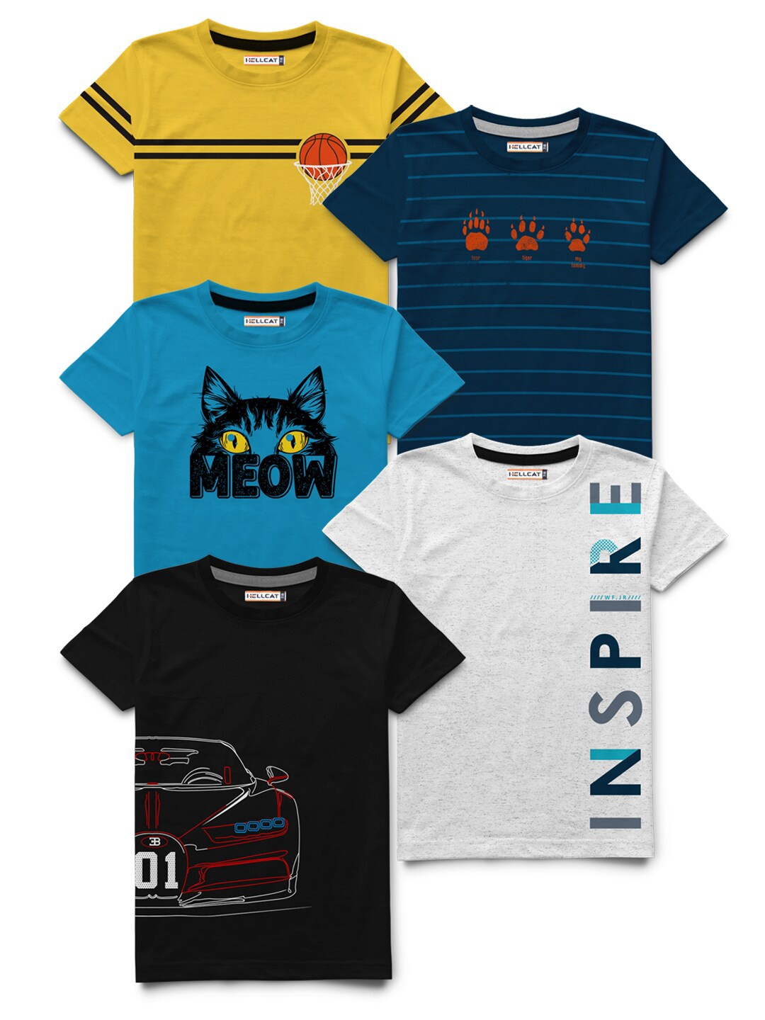 HELLCAT Boys Yellow & Black Printed Bio Finish T-shirt Pack Of 5