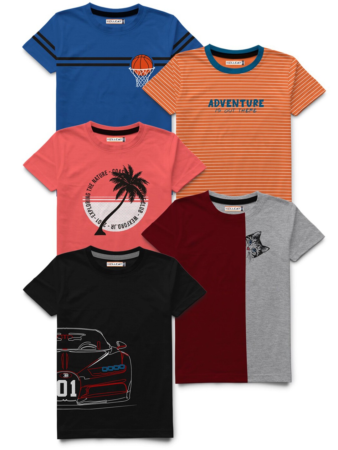 

HELLCAT Boys Orange & Peach-Coloured Printed Bio Finish T-shirt Pack Of 5
