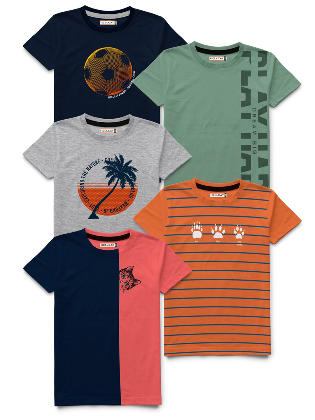 

HELLCAT Boys Green & Orange Striped Bio Finish T-shirt Pack Of 5