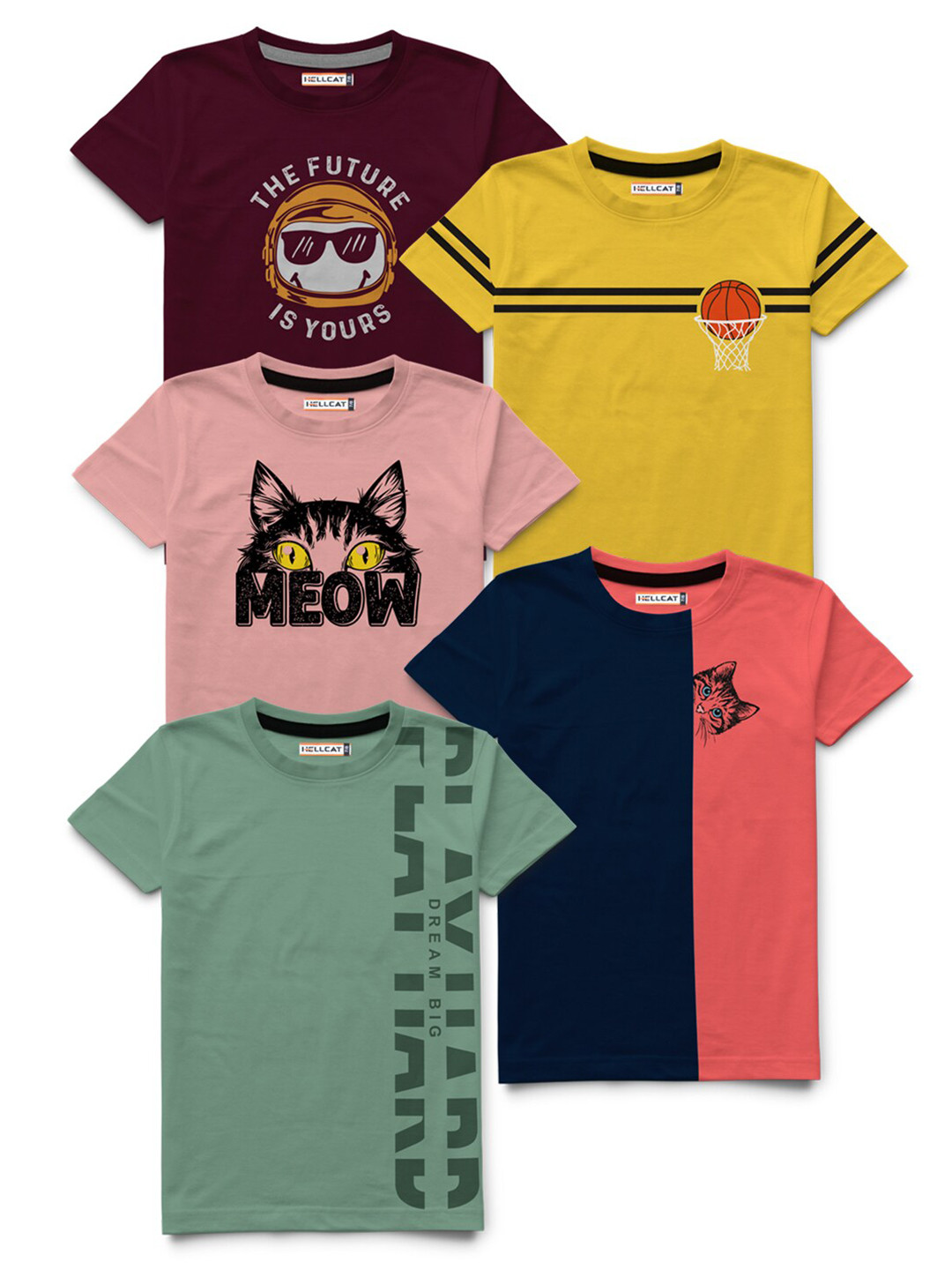 

HELLCAT Boys Yellow & Peach-Coloured Printed Bio Finish T-shirt Pack Of 5