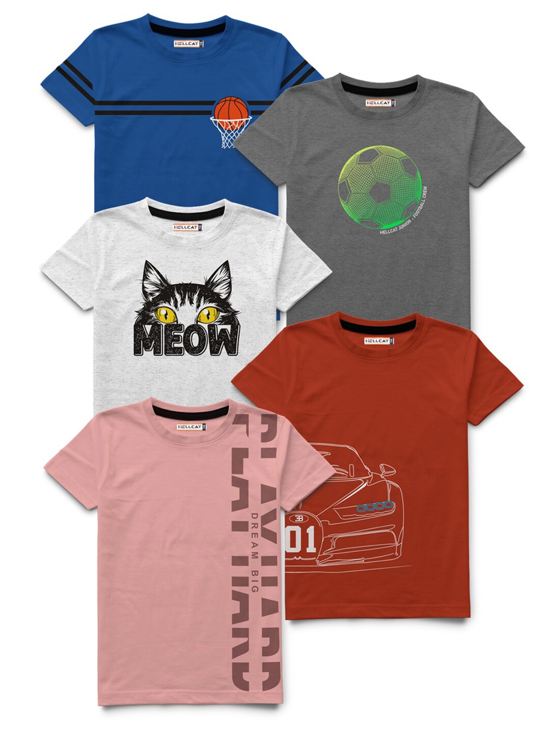 HELLCAT Boys Grey & Peach-Coloured Printed Bio Finish T-shirt Pack Of 5