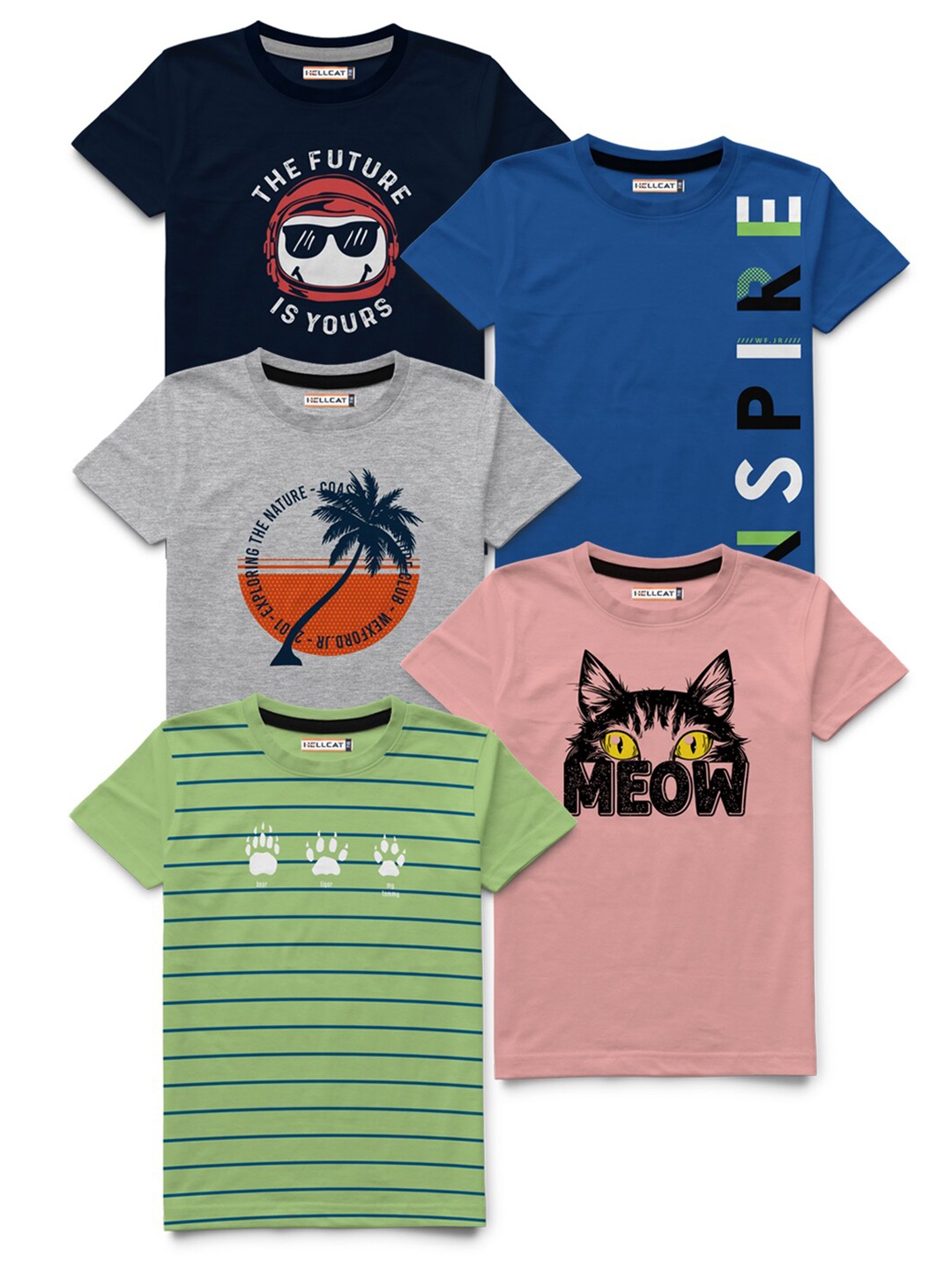 

HELLCAT Boys Blue & Black Printed Bio Finish T-shirt Pack Of 5
