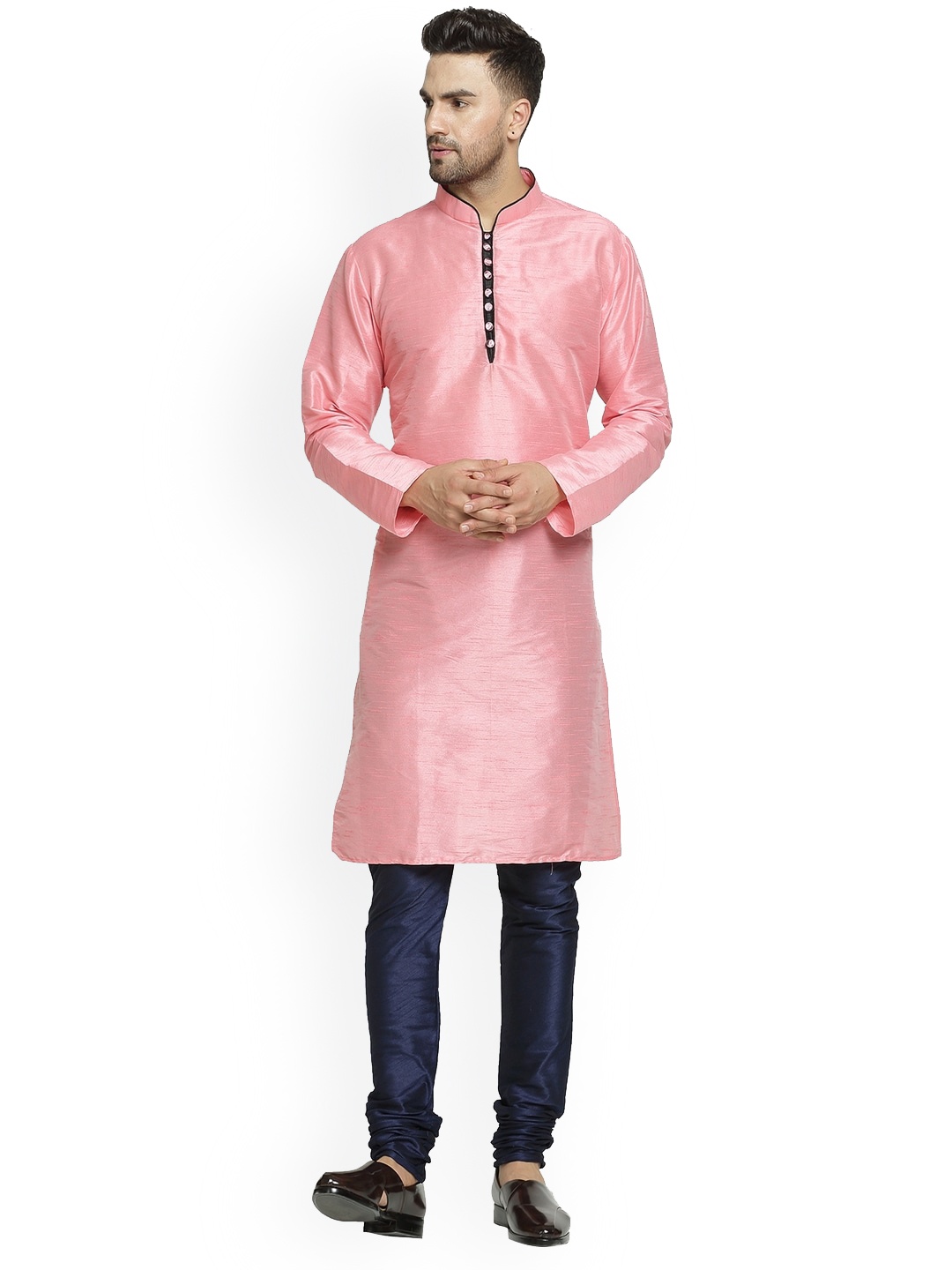 

Kaifoo Men Pink & Navy Blue Solid Silk Blend Kurta Set