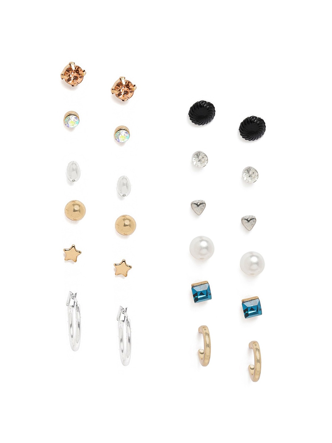 

Zaveri Pearls Women Multicoloured Set of 12 Silver Plated Contemporary Studs Earrings, Multi