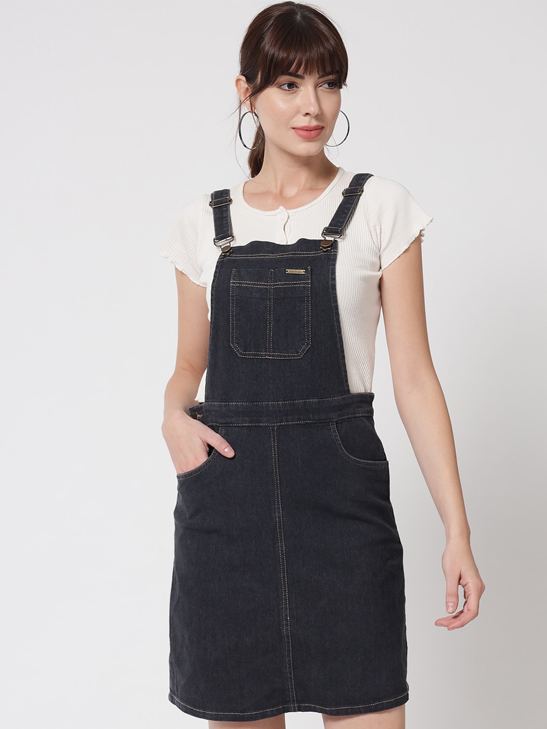 

River Of Design Jeans Women Grey Solid Denim Pinafore Cotton Dress