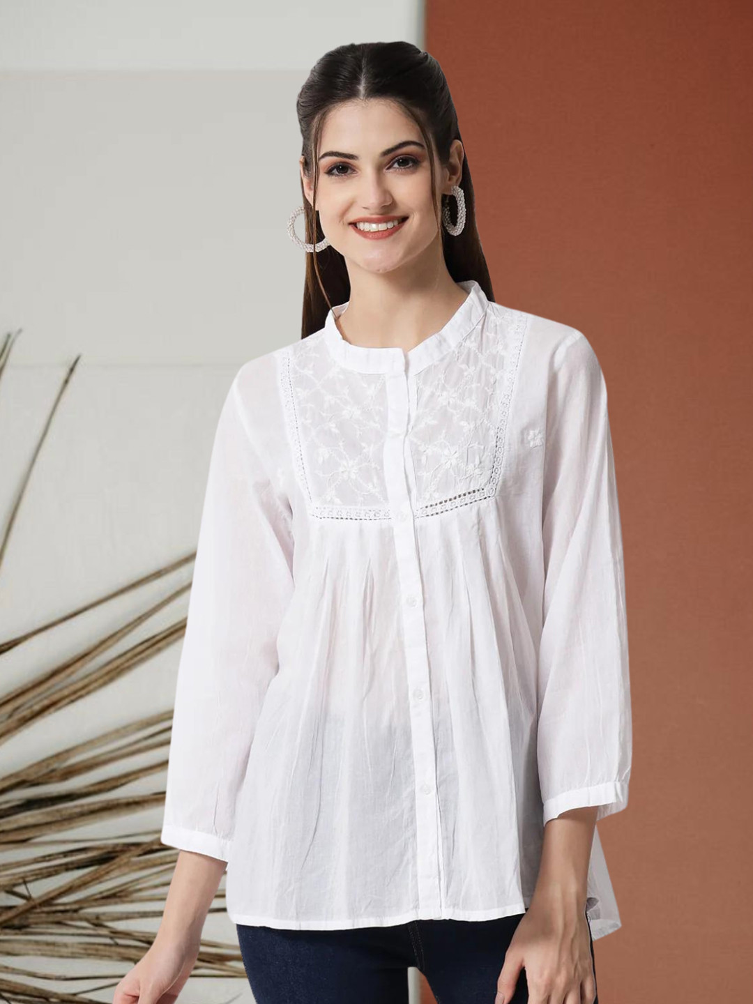 

PARAMOUNT CHIKAN Women White Hand Embroidered Chikankari Top