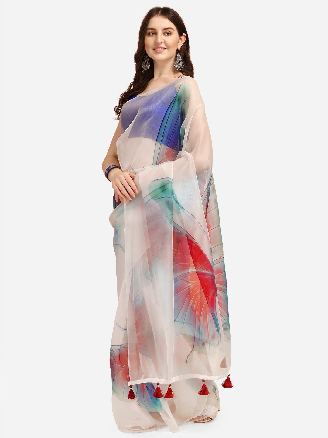 

Sangria Women Multicolor Oraganza Printed Saree with Blouse Piece, White