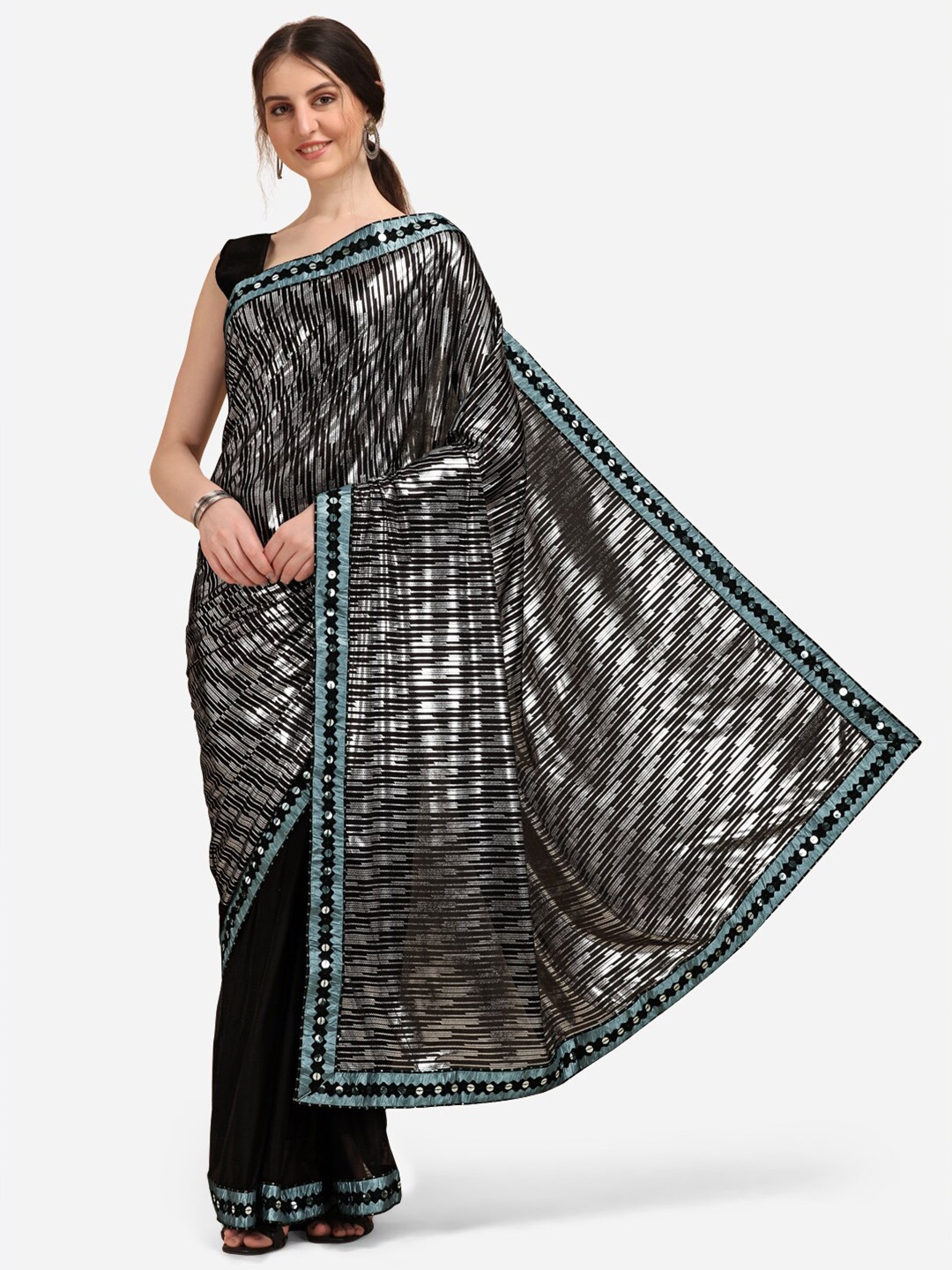 

Sangria Black Embellished Mirror Work Linen Blend Half and Half Saree