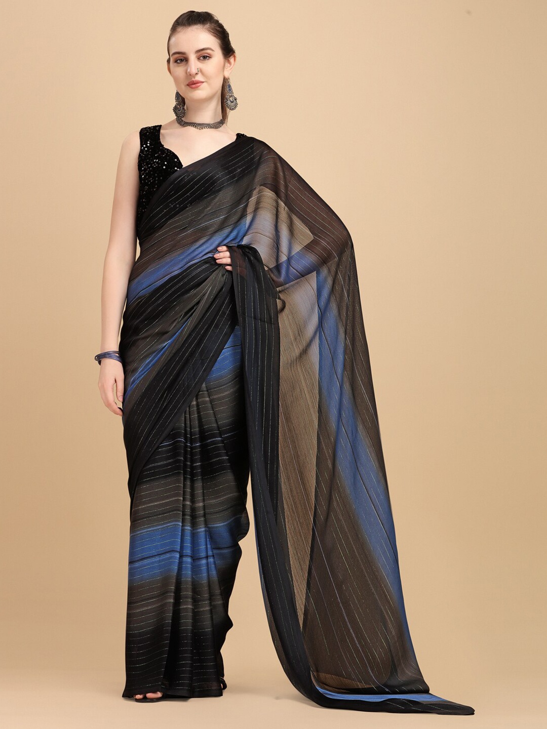 

Sangria Blue Georgette Striped Zari Work Saree, Black