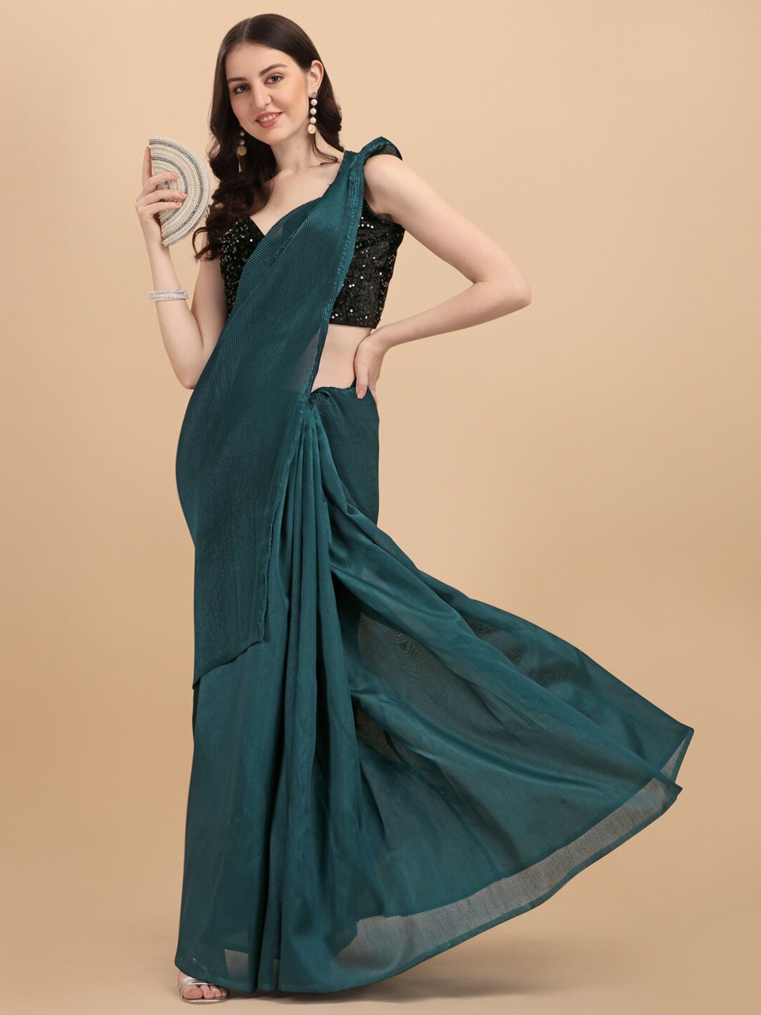 

Sangria Teal Blue Crush Pleated Satin Saree