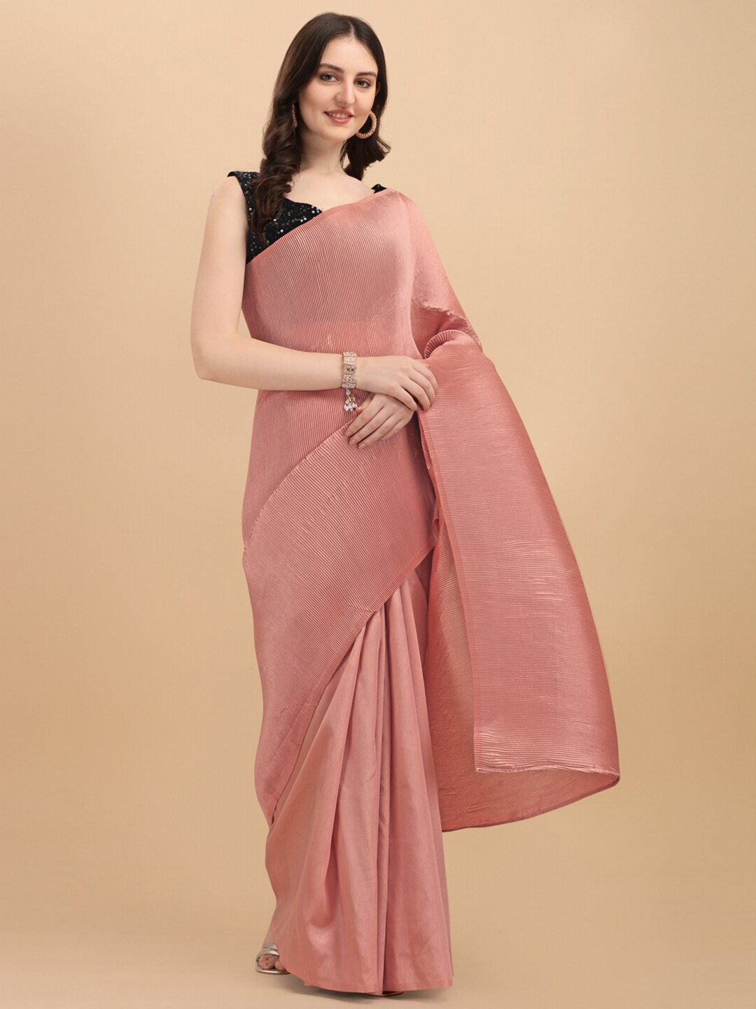 

Sangria Peach Crush Pleated Satin Saree