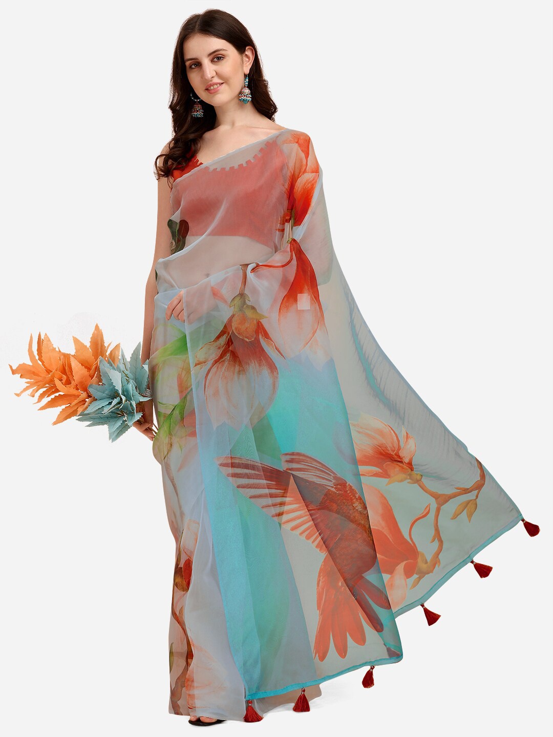 

Sangria Blue & Orange Floral Organza Saree