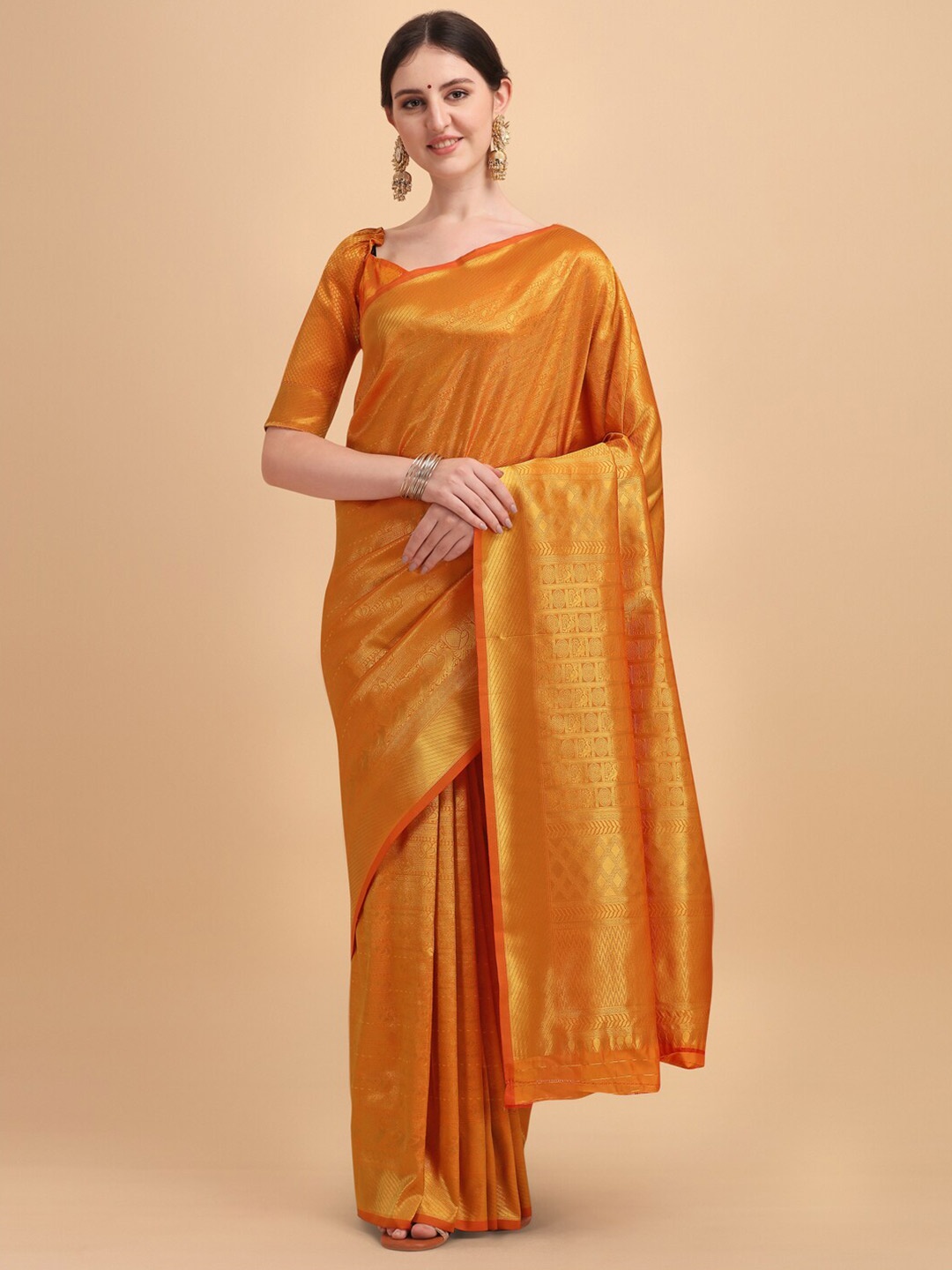 

Sangria Mustard Yellow & Gold-Toned Woven Design Zari Silk Blend Saree