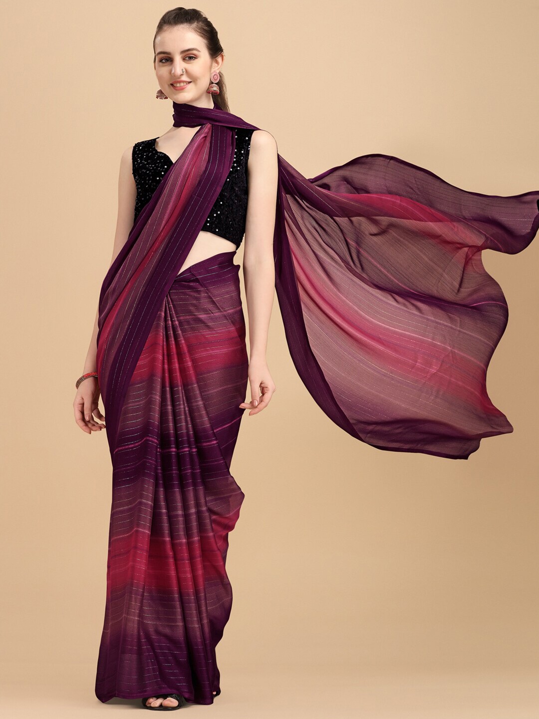 

Sangria Purple Georgette Striped Zari Work Saree