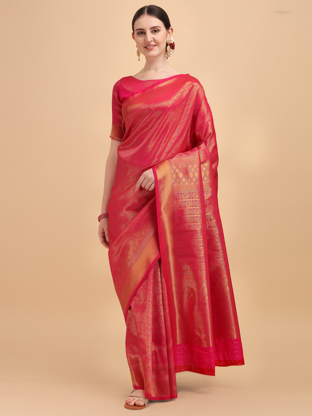 

Sangria Pink Woven Design Zari Silk Blend Kanjeevaram Saree