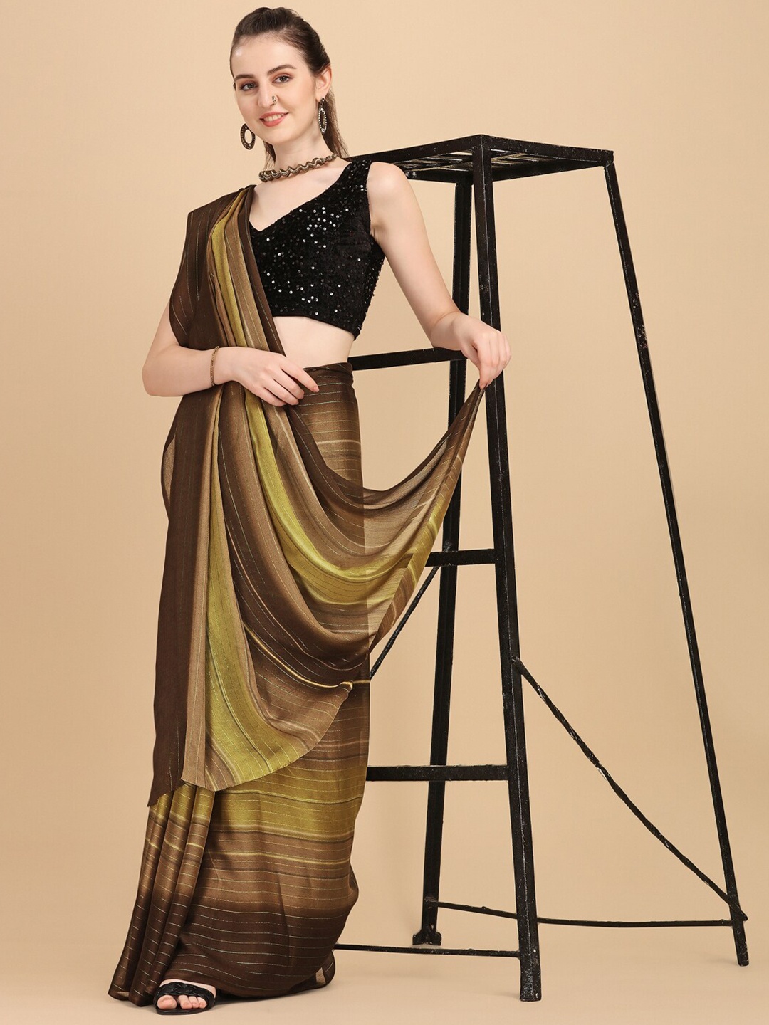 

Sangria Brown & Green Georgette Striped Zari Work Saree