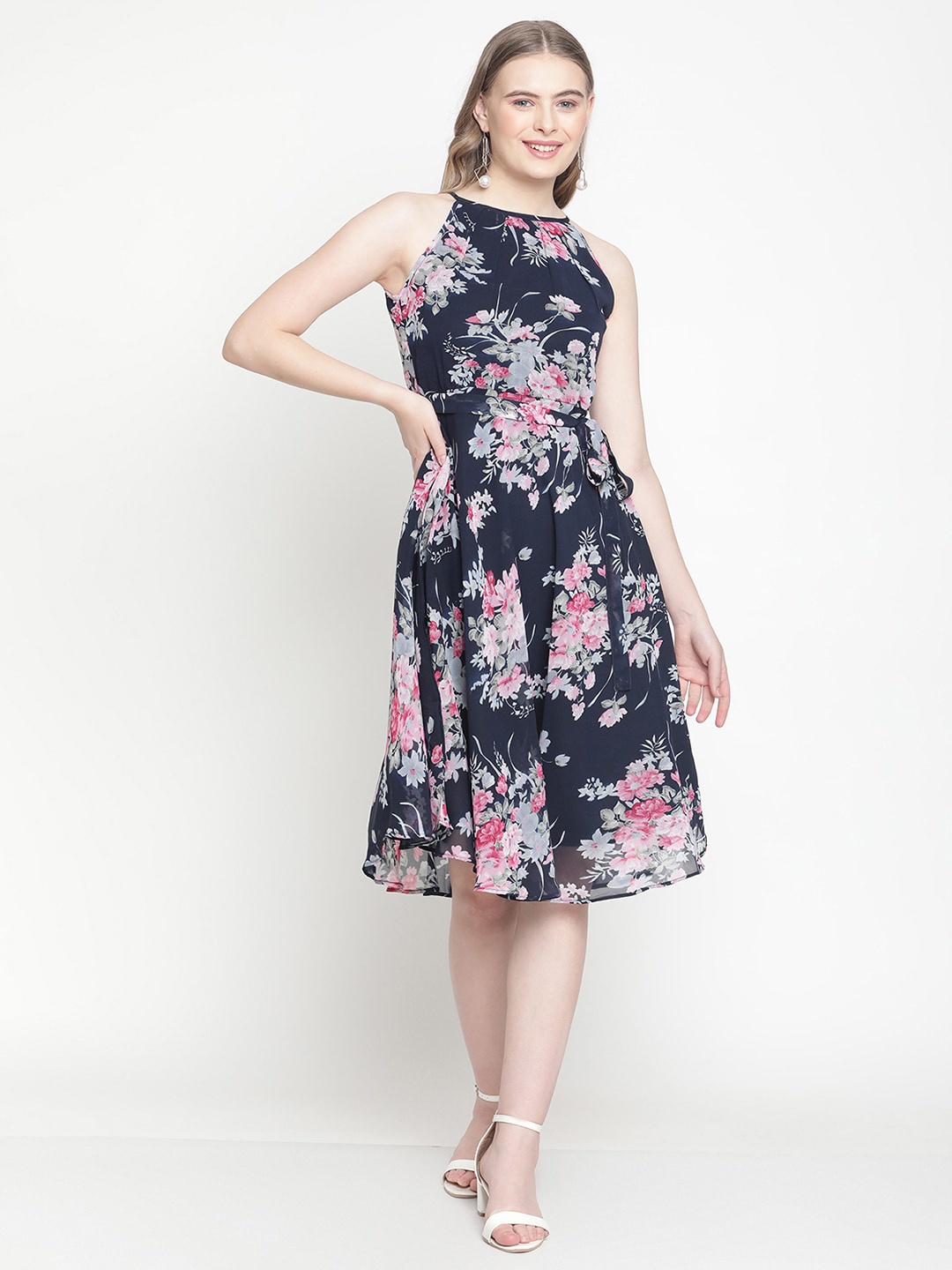 

COASTLAND Women Navy Blue Floral Printed Fit & Flare Georgette Dress