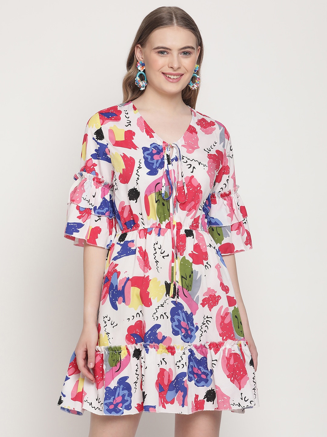 

COASTLAND Women Multicoloured Abstract Printed A-Line Crepe Dress, Multi
