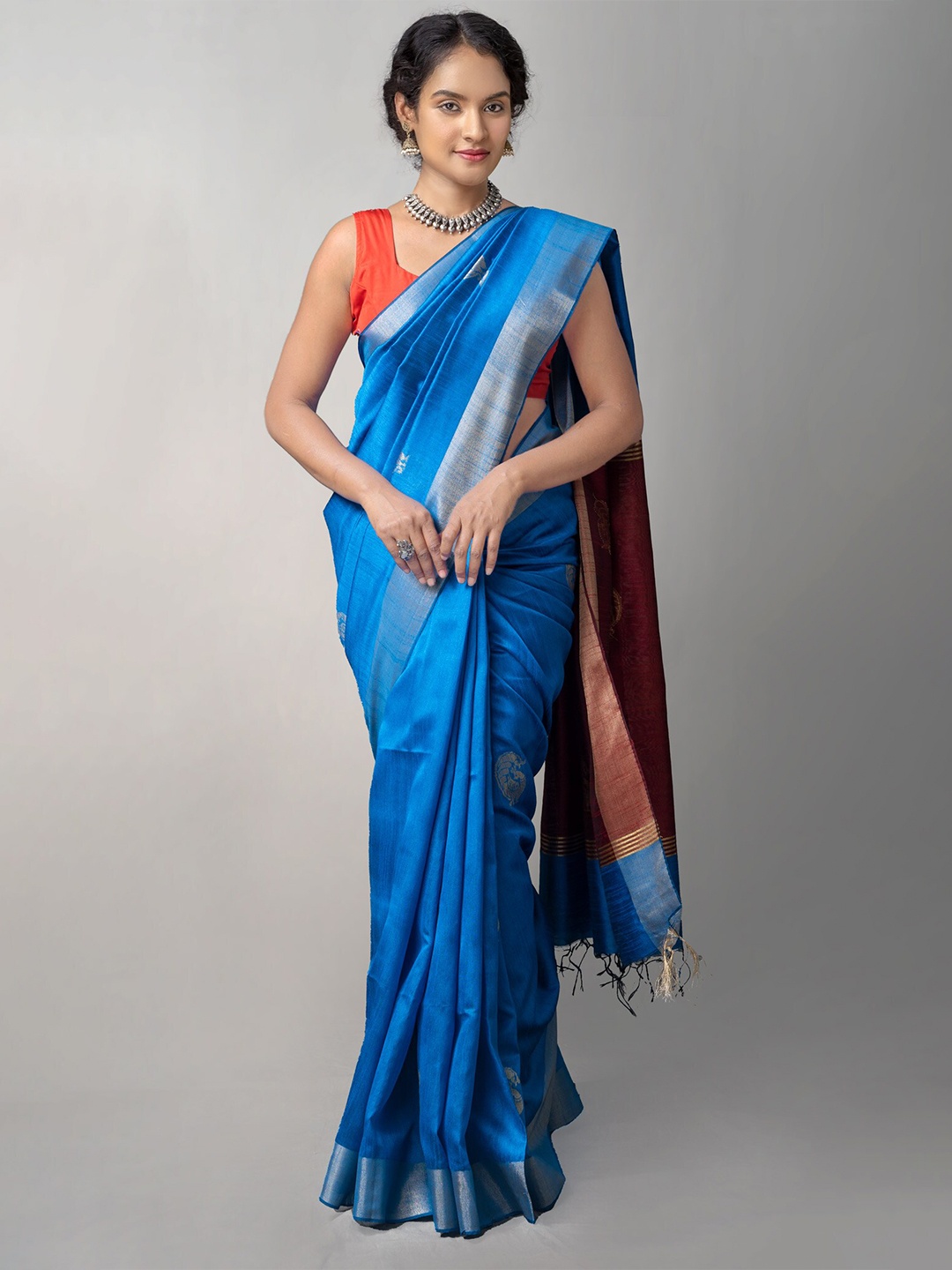 

Unnati Silks Blue & Brown Woven Design Zari Silk Blend Tussar Saree