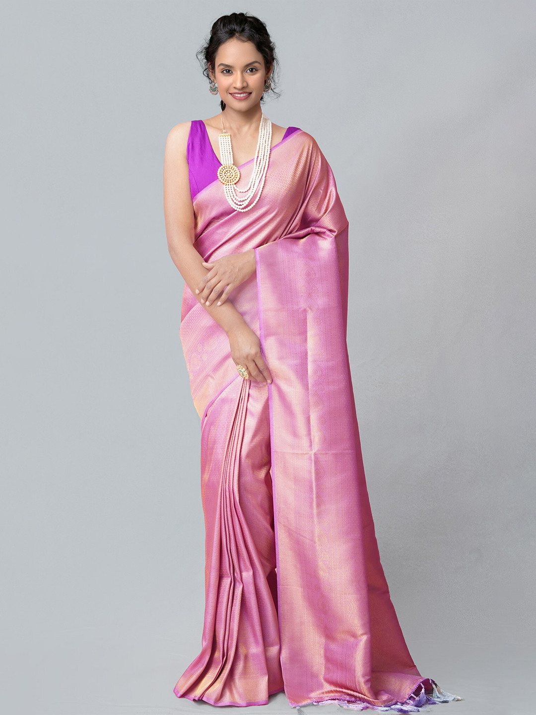 

Unnati Silks Pink Ethnic Motifs Zari Silk Blend Banarasi Saree