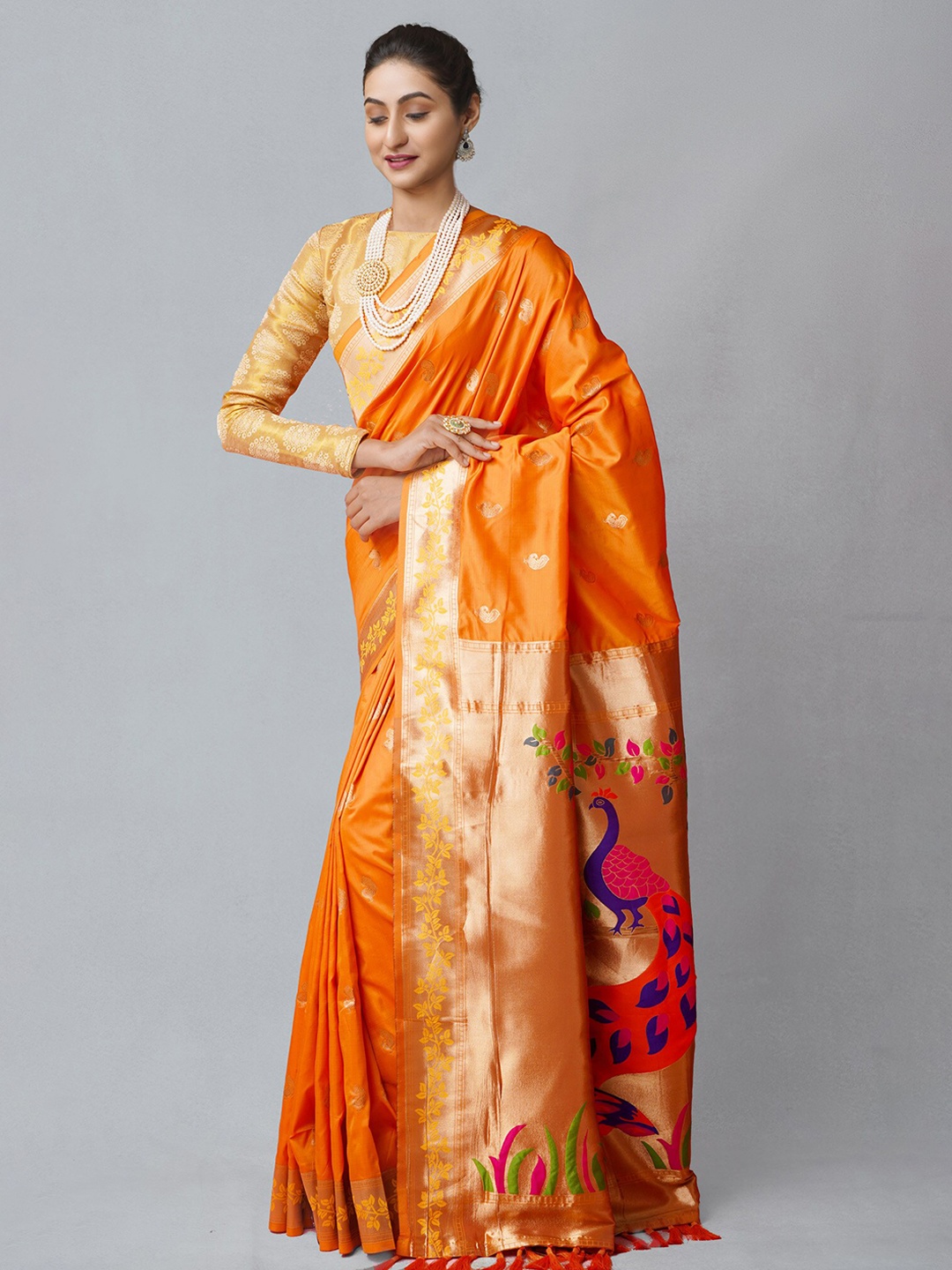 

Unnati Silks Orange & Gold-Toned Woven Design Silk Blend Banarasi Saree
