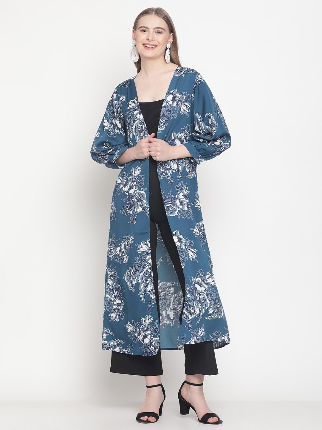 

COASTLAND Women Navy Blue & White Printed Longline Shrug