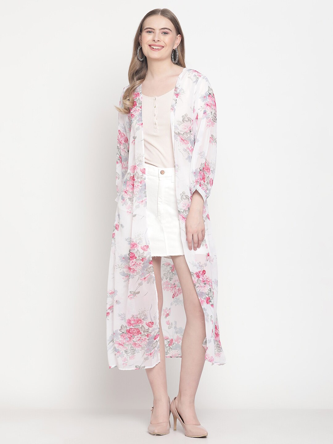 

COASTLAND Women White & Pink Printed Longline Shrug