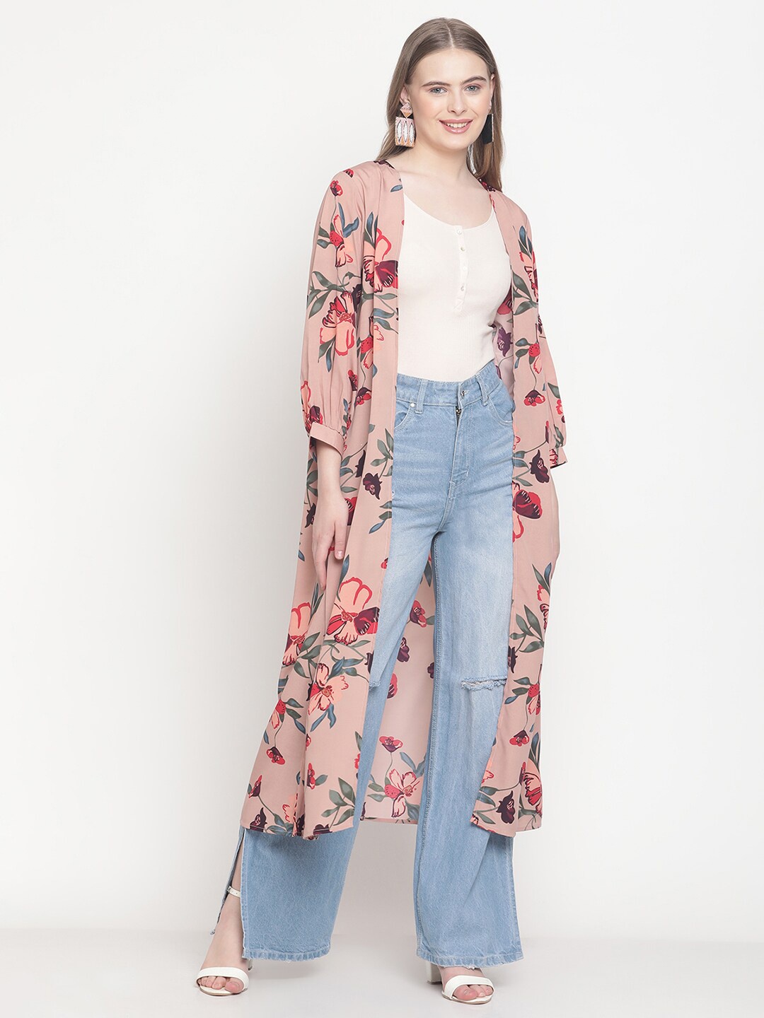 

COASTLAND Women Pink & Green Printed Open Front Shrug
