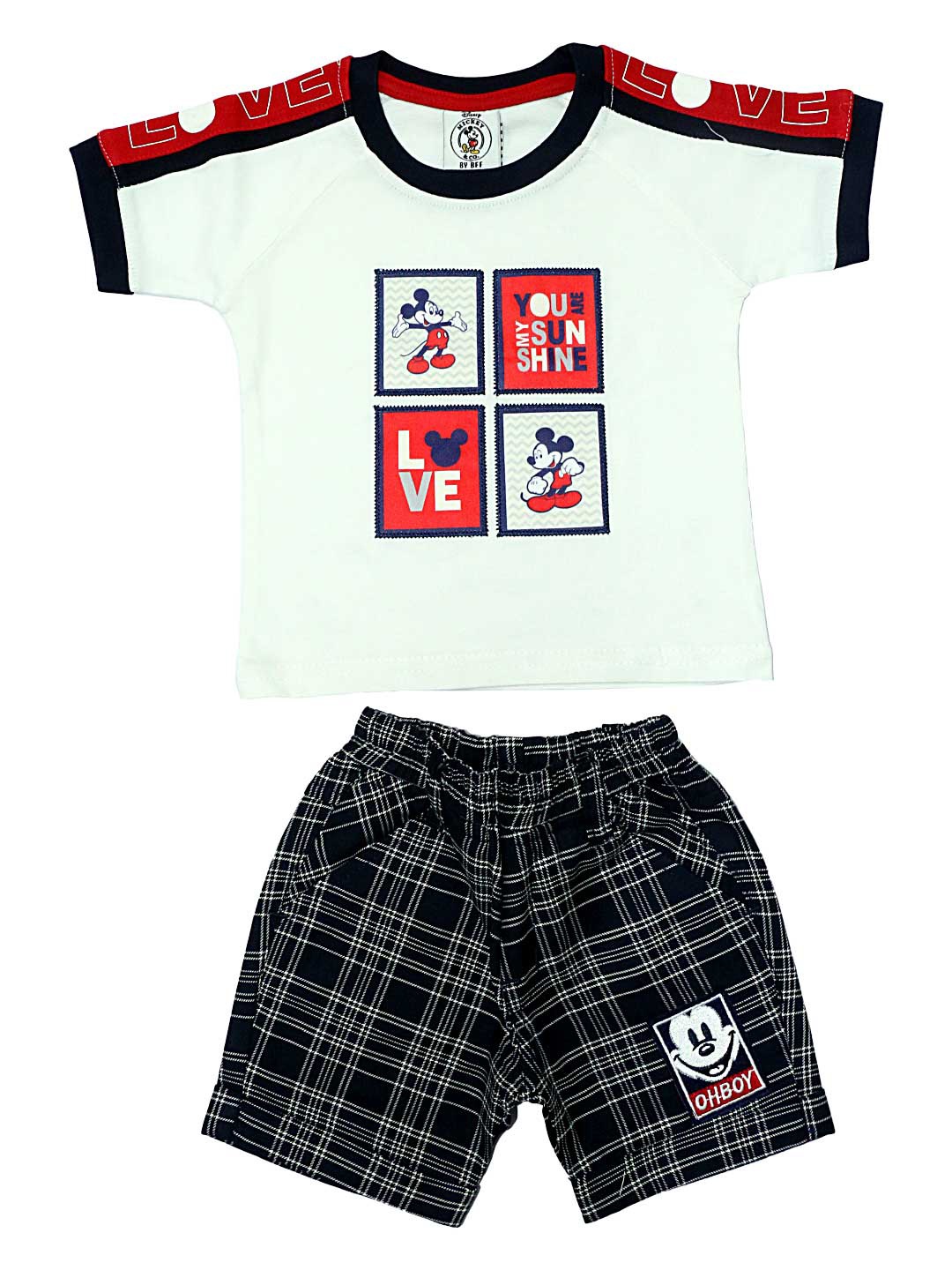 

BFF Boys White & Black Mickey Mouse Printed Cotton T-shirt with Shorts