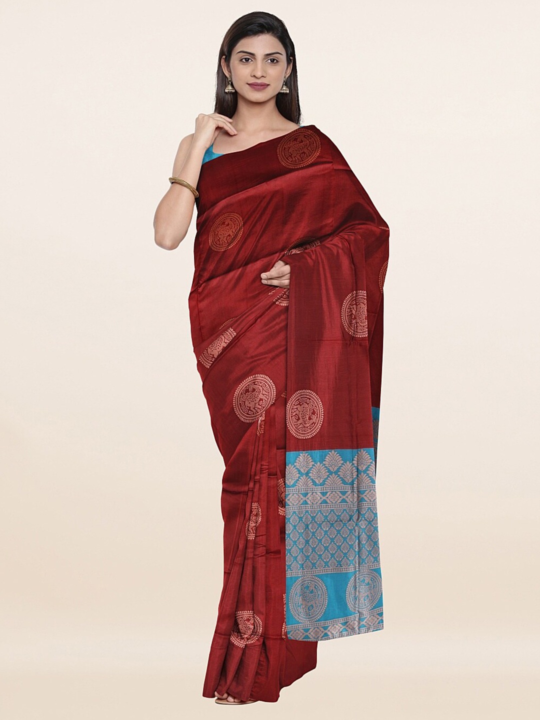 

Pothys Maroon & Blue Ethnic Motifs Art Silk Saree