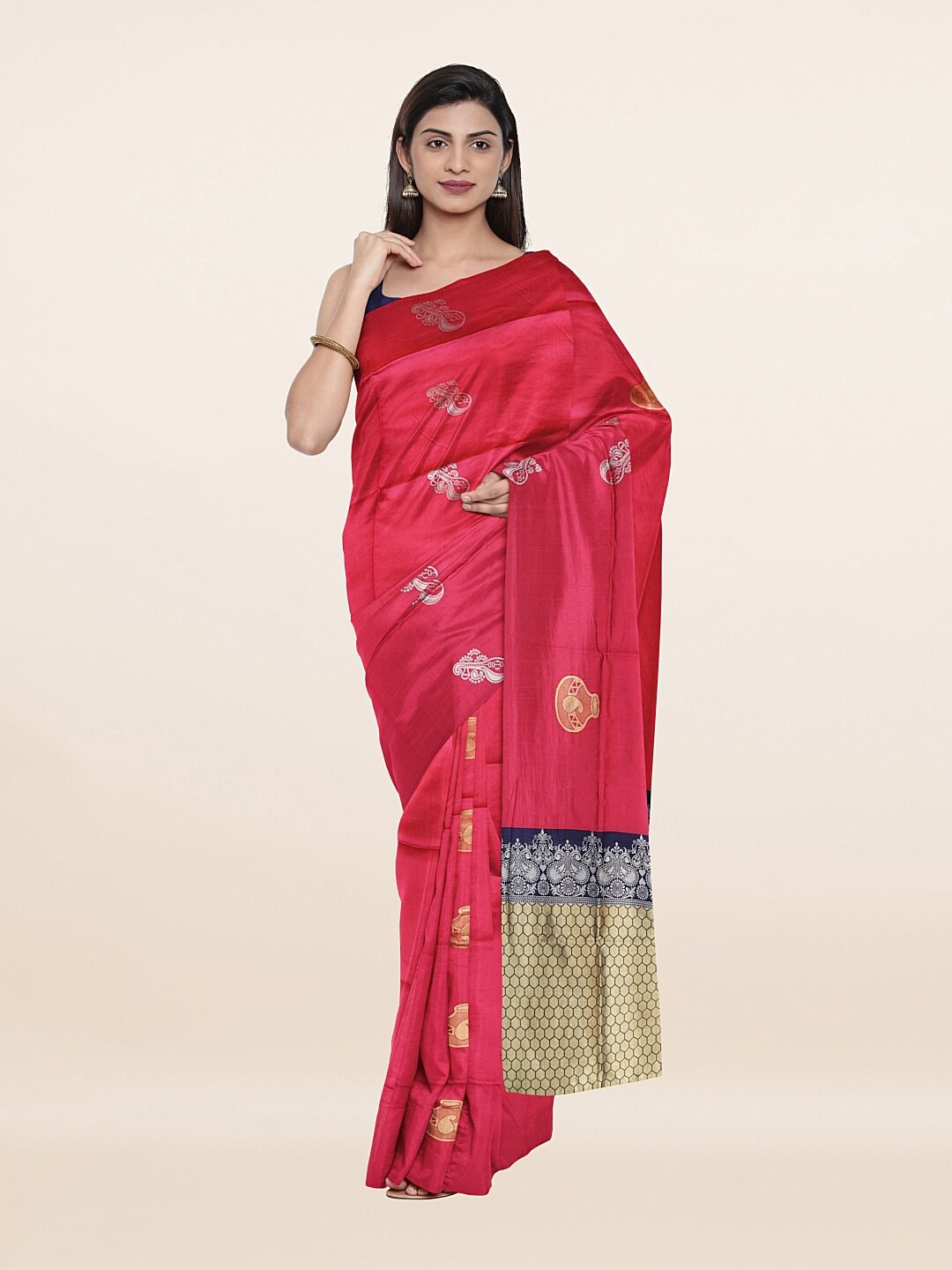 

Pothys Pink & Gold-Toned Ethnic Motifs Zari Art Silk Saree
