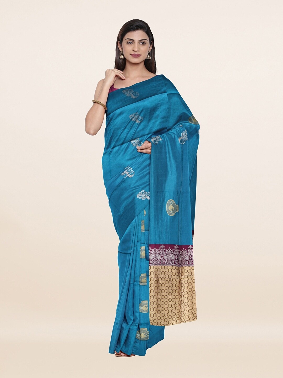 

Pothys Blue & Maroon Ethnic Motifs Zari Art Silk Saree