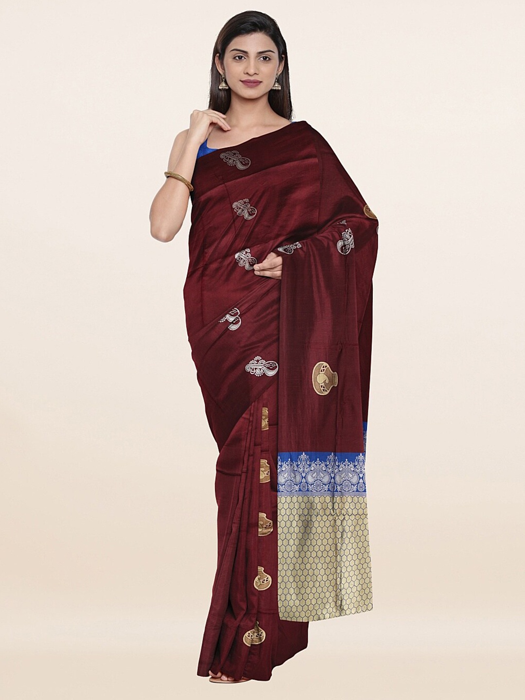 

Pothys Maroon & Blue Ethnic Motifs Art Silk Saree