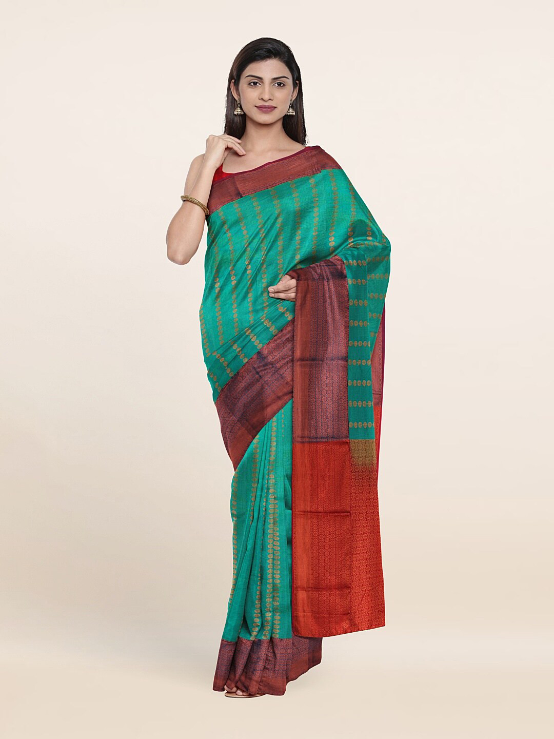 

Pothys Sea Green & Red Ethnic Motifs Zari Pure Silk Saree