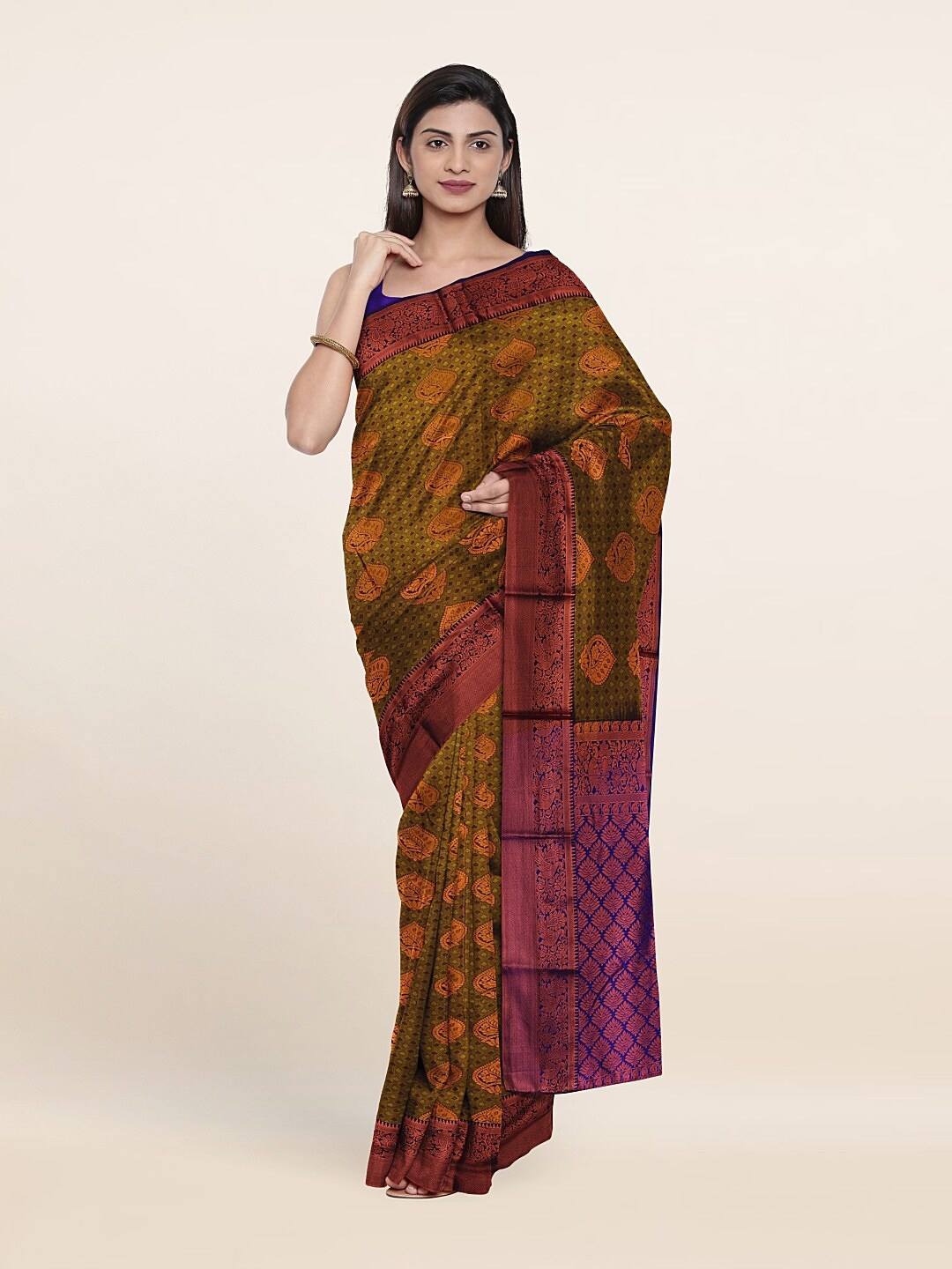 

Pothys Green & Purple Ethnic Motifs Pure Silk Saree