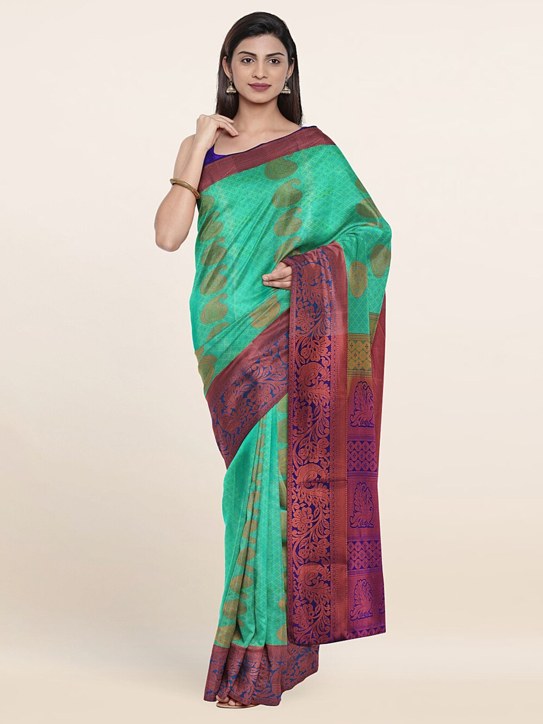 

Pothys Sea Green & Purple Ethnic Motifs Pure Silk Saree