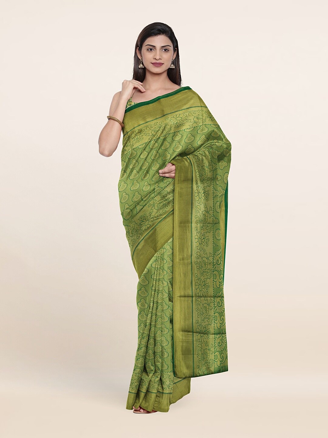 

Pothys Green & Golden Ethnic Motifs Zari Pure Silk Saree