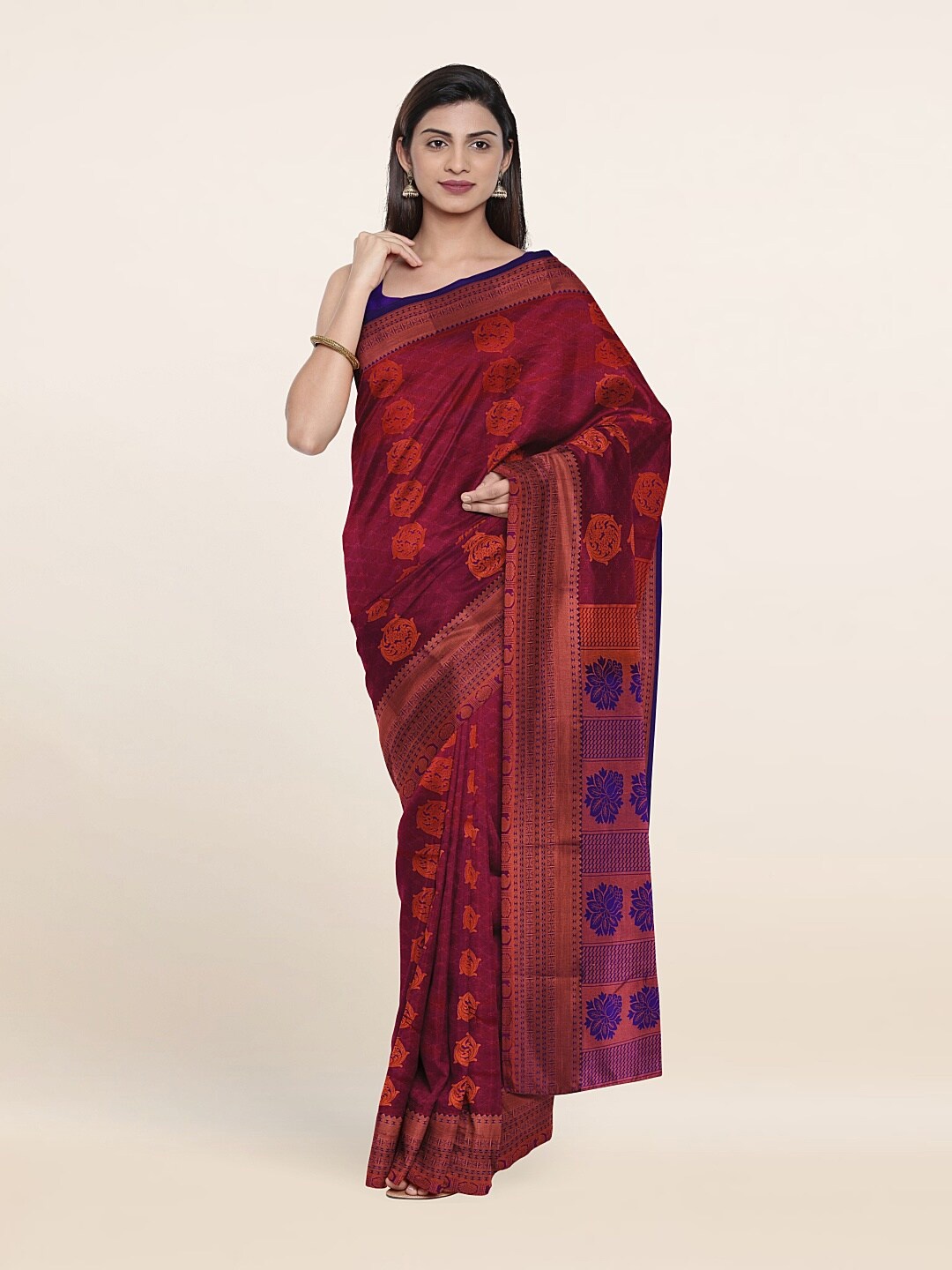 

Pothys Magenta & Purple Ethnic Motifs Zari Pure Silk Saree