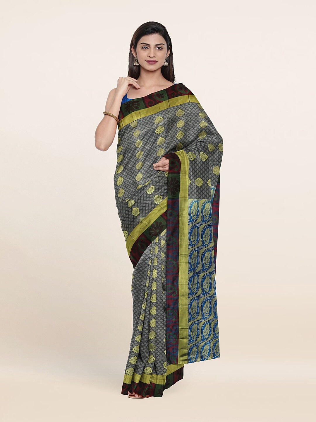

Pothys Grey & Blue Ethnic Motifs Pure Silk Saree