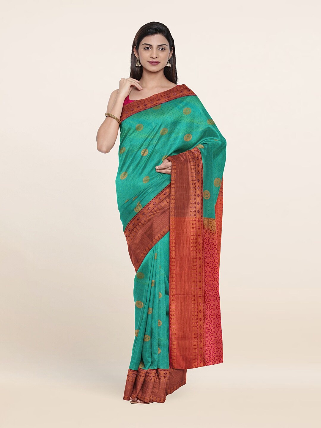 

Pothys Sea Green & Maroon Woven Design Zari Pure Silk Saree