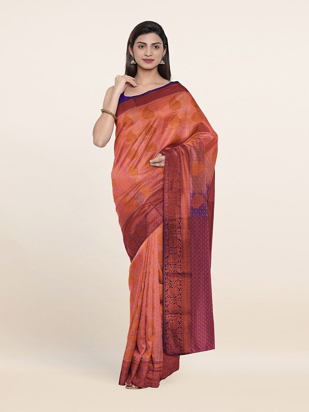 

Pothys Peach-Coloured & Navy Blue Ethnic Motifs Zari Pure Silk Saree