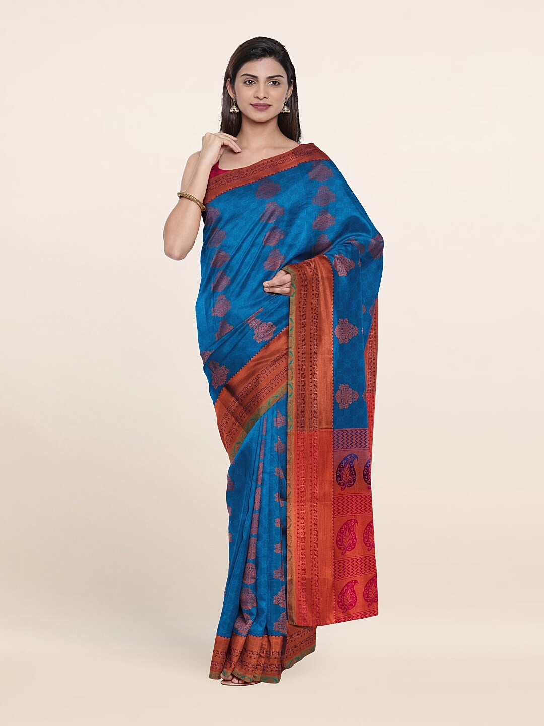 

Pothys Blue & Red Ethnic Motifs Zari Pure Silk Saree