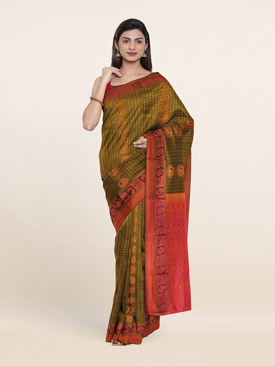 

Pothys Green & Red Floral Zari Pure Silk Saree