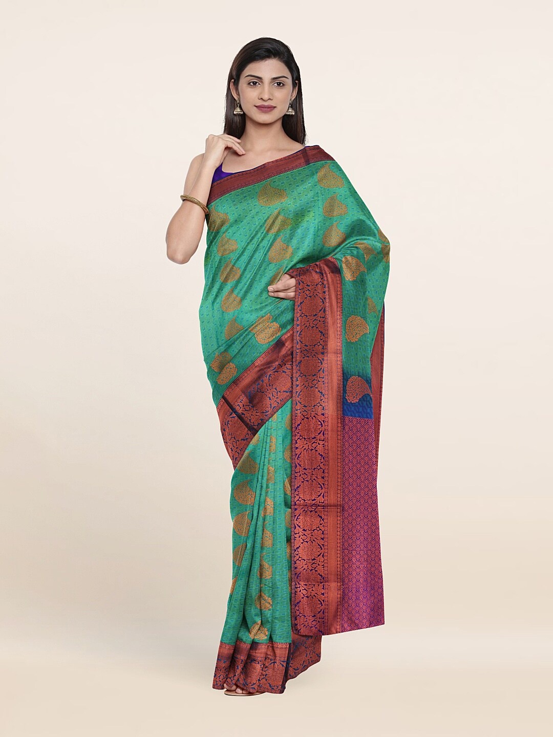 

Pothys Sea Green & Purple Floral Zari Pure Silk Saree